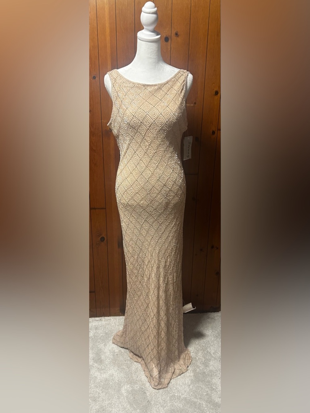 Vintage Stenay Champagne Beaded Maxi Dress Size 16 Y2K Gatsby Prom Silk Dress